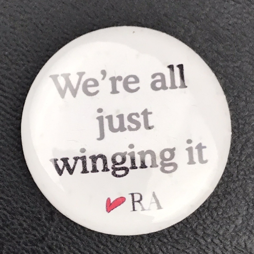 Vintage Were Just Winging It Pin Button Humorous Inspirational Quote